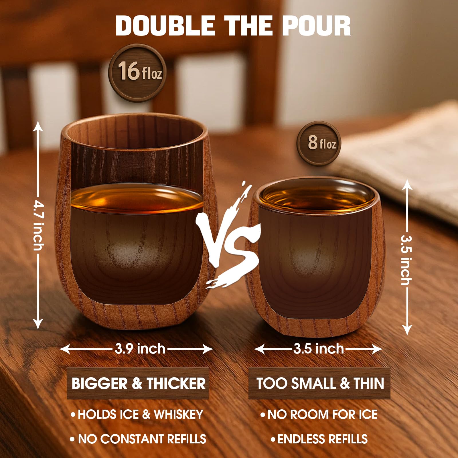 Bonteck wooden bourbon glass close-up showing smooth finish and thick base for stability.