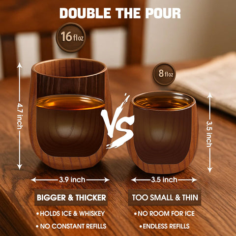 Bonteck wooden bourbon glass close-up showing smooth finish and thick base for stability.
