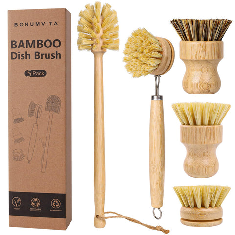 BONUMVITA bamboo dish brush set 5-pack for versatile dish and pot cleaning