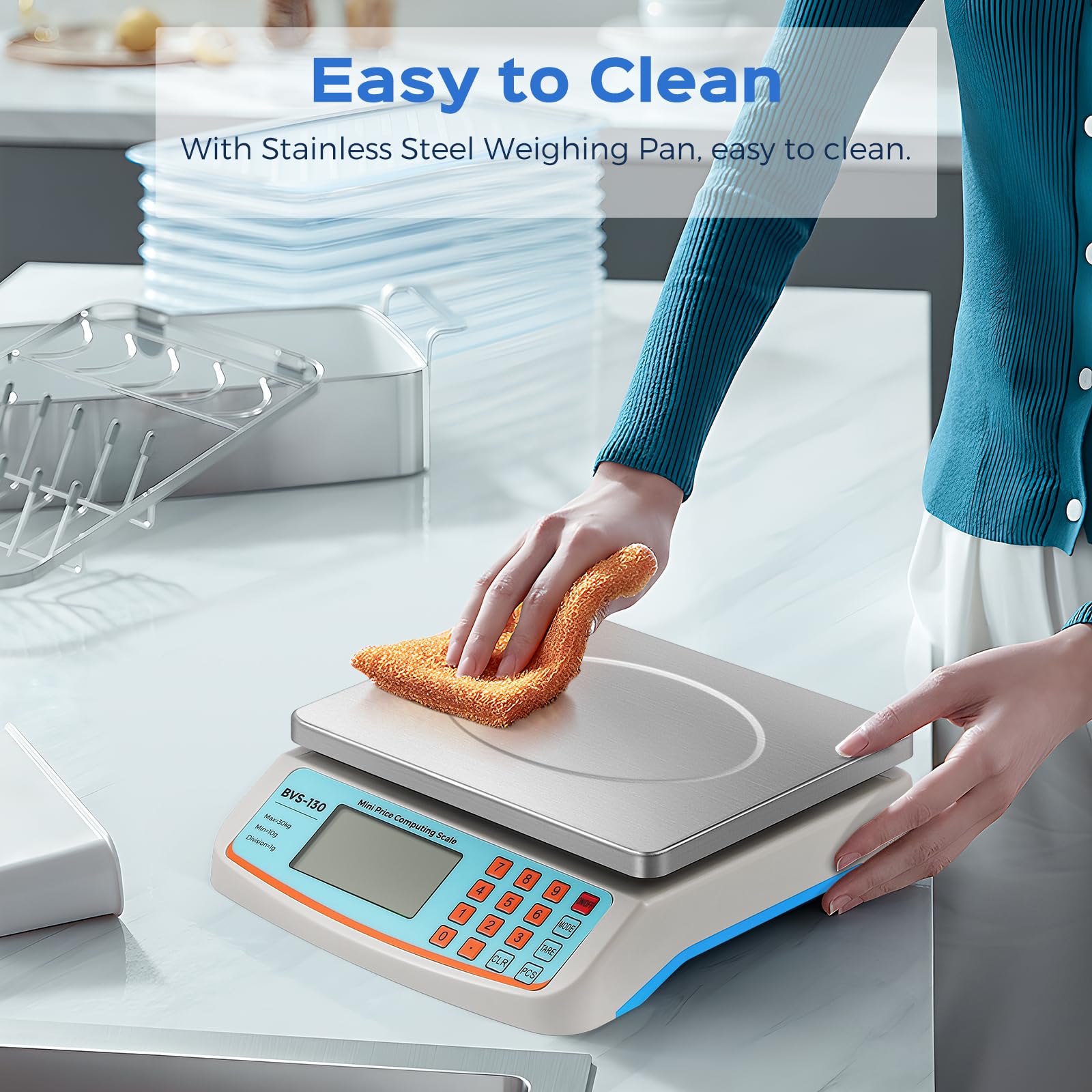 Bonvoisin scale supports batteries and adapter for uninterrupted operation.