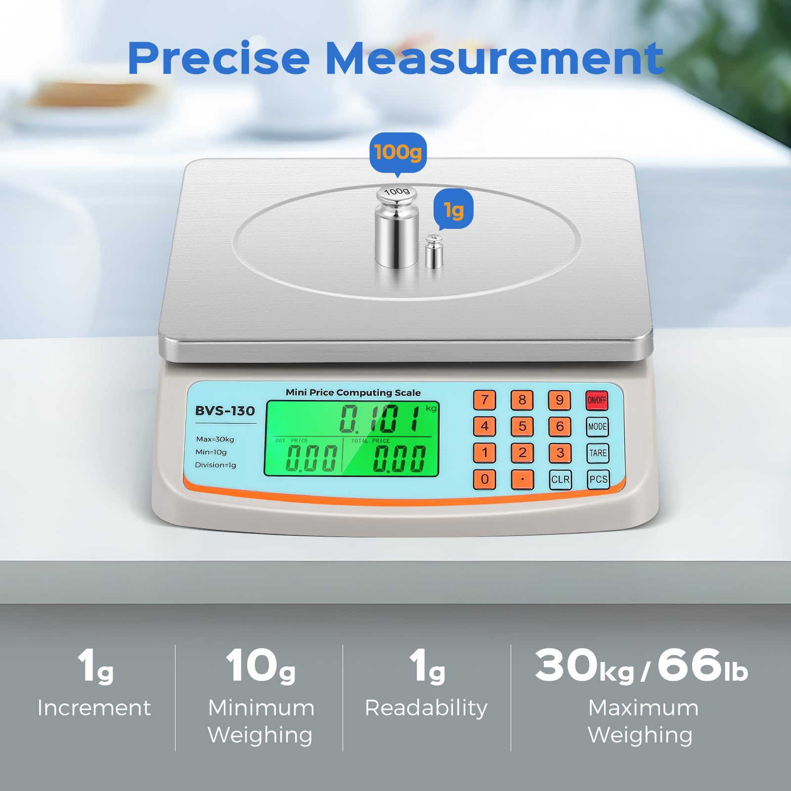 Bonvoisin scale with detachable stainless steel pan for easy cleaning.