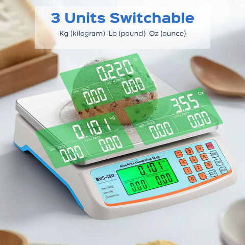 Bonvoisin scale showing kg/lb/oz switch for flexible unit pricing.