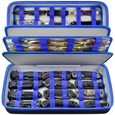 Boobowl knife display case blue cover demonstrates organized protection for many blades