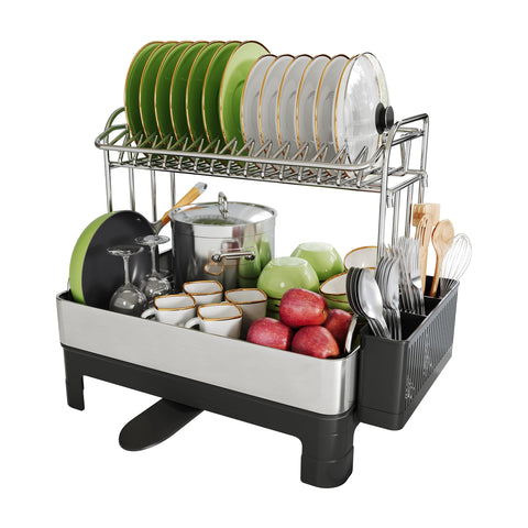 BOOSINY extra-large two-tier dish drainer on counter, ideal for large loads