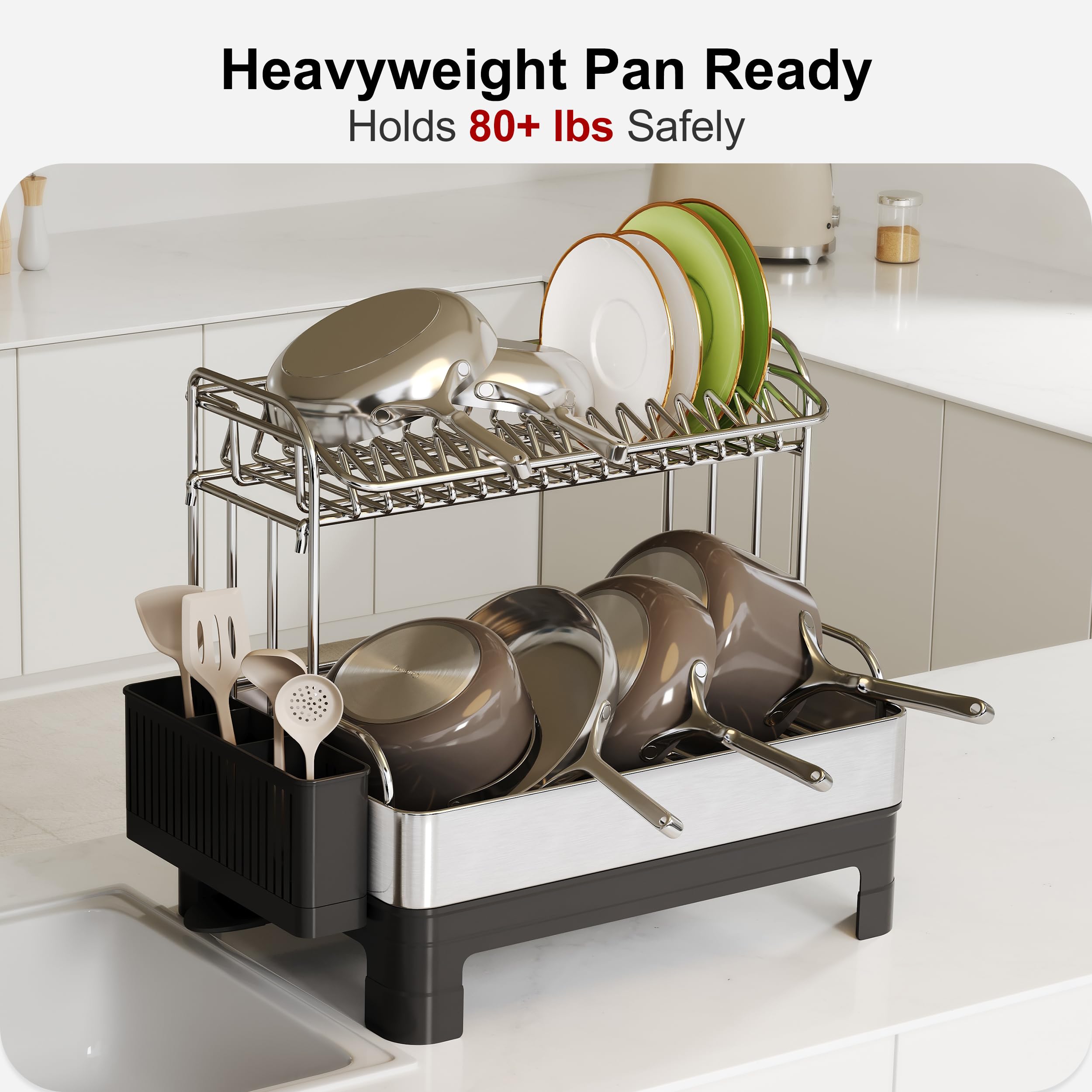 BOOSINY heavy-duty rack supports large cookware like cast iron pans