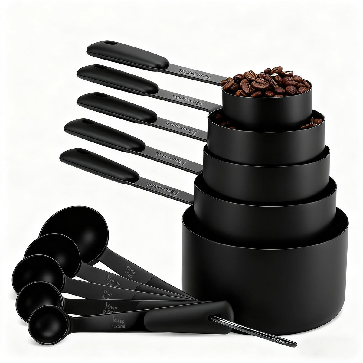 Bopei measuring cups and spoons front view with precise cooking measurements