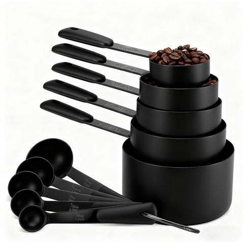 Bopei measuring cups and spoons front view with precise cooking measurements