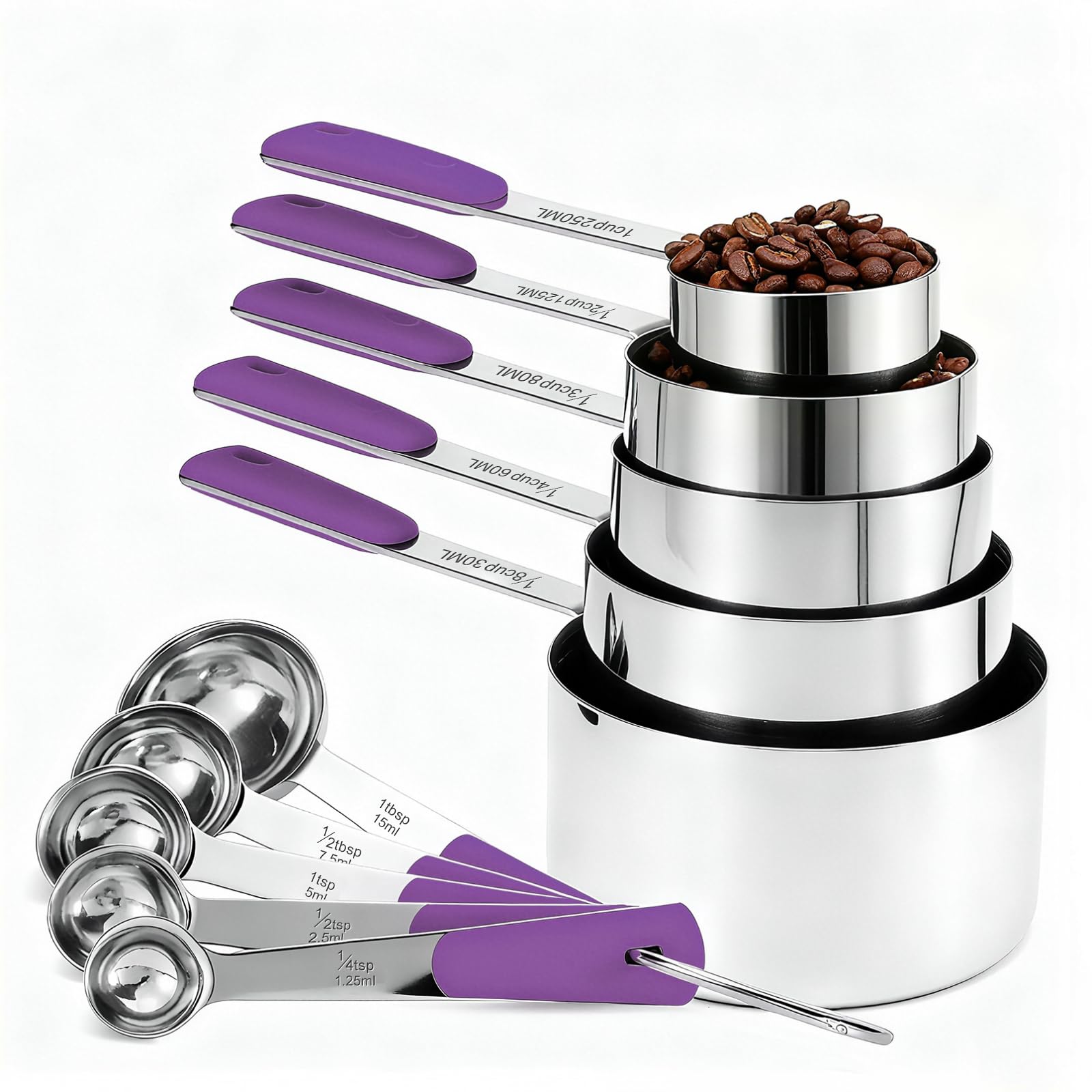 Bopei stainless steel measuring cups and spoons assembly showing complete set for accurate kitchen prep.