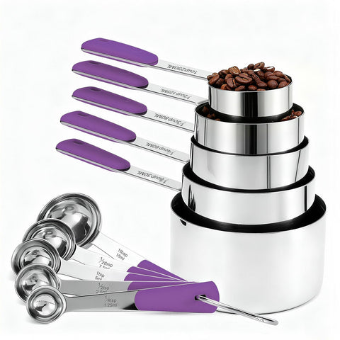 Bopei stainless steel measuring cups and spoons assembly showing complete set for accurate kitchen prep.