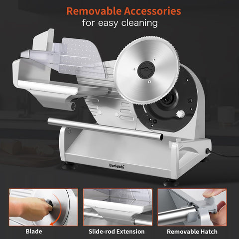 Borlebbi meat slicer safety features with locks and non-slip feet.