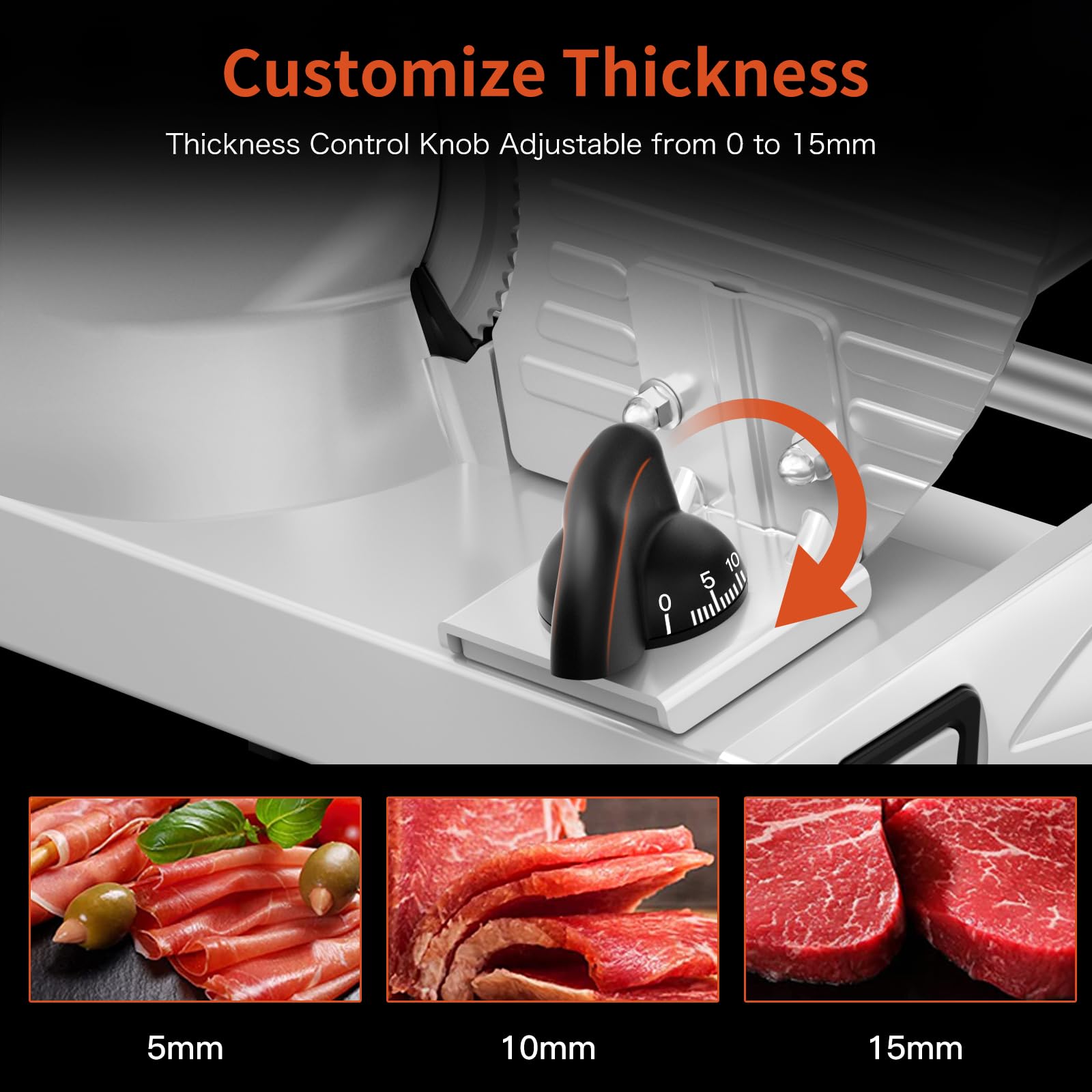 Borlebbi meat slicer adjustable thickness dial set from 0 to 15 mm.