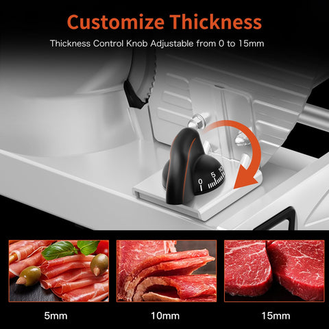 Borlebbi meat slicer adjustable thickness dial set from 0 to 15 mm.