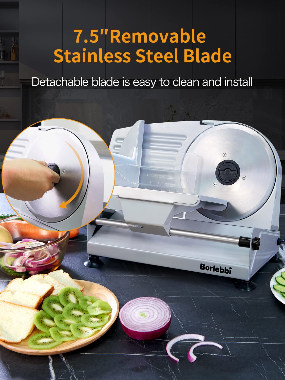 Borlebbi Meat Slicer safety features including non-slip feet and blade guard.