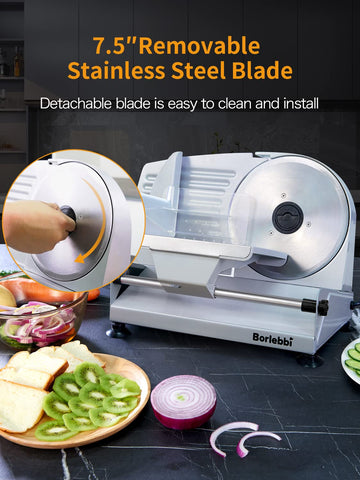 Borlebbi Meat Slicer safety features including non-slip feet and blade guard.