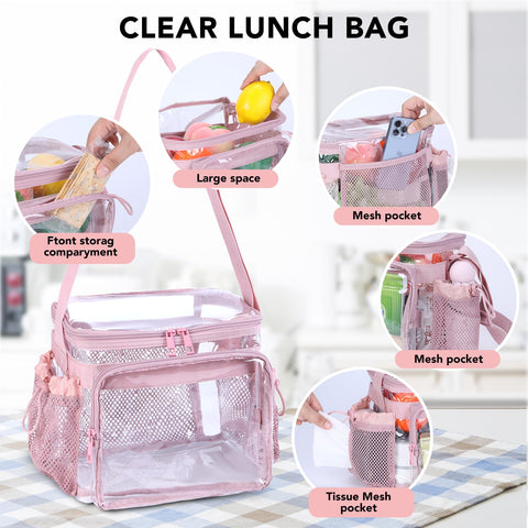 BORMELUN clear lunch bag pink, two-side pockets keep utensils handy.