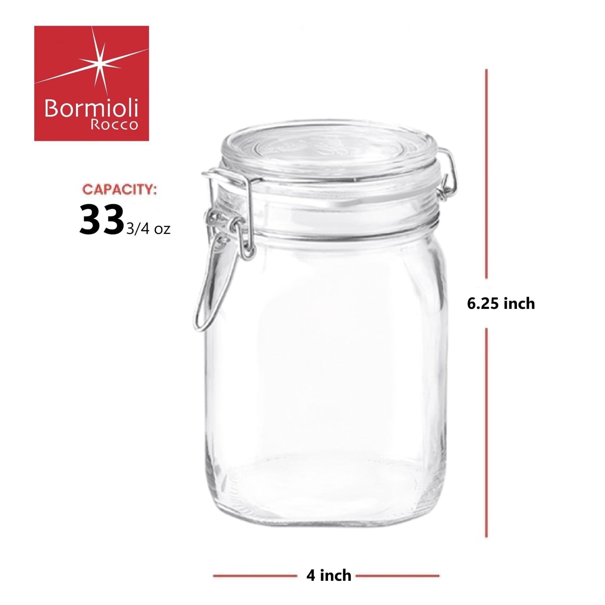 Bormioli Rocco airtight hinged lid with gasket keeps contents fresh and mess-free.