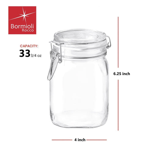 Bormioli Rocco airtight hinged lid with gasket keeps contents fresh and mess-free.