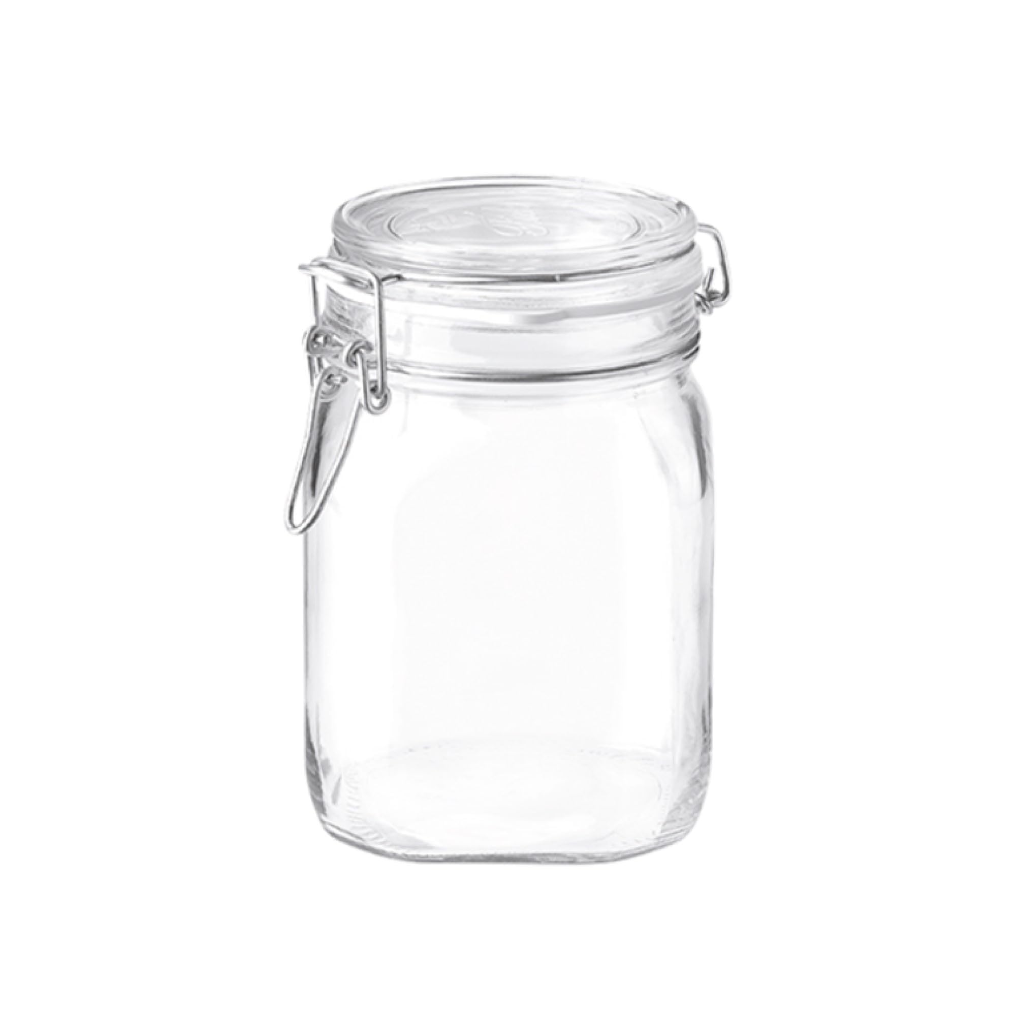 Bormioli Rocco clear glass storage jar with wide mouth for easy filling and viewing.