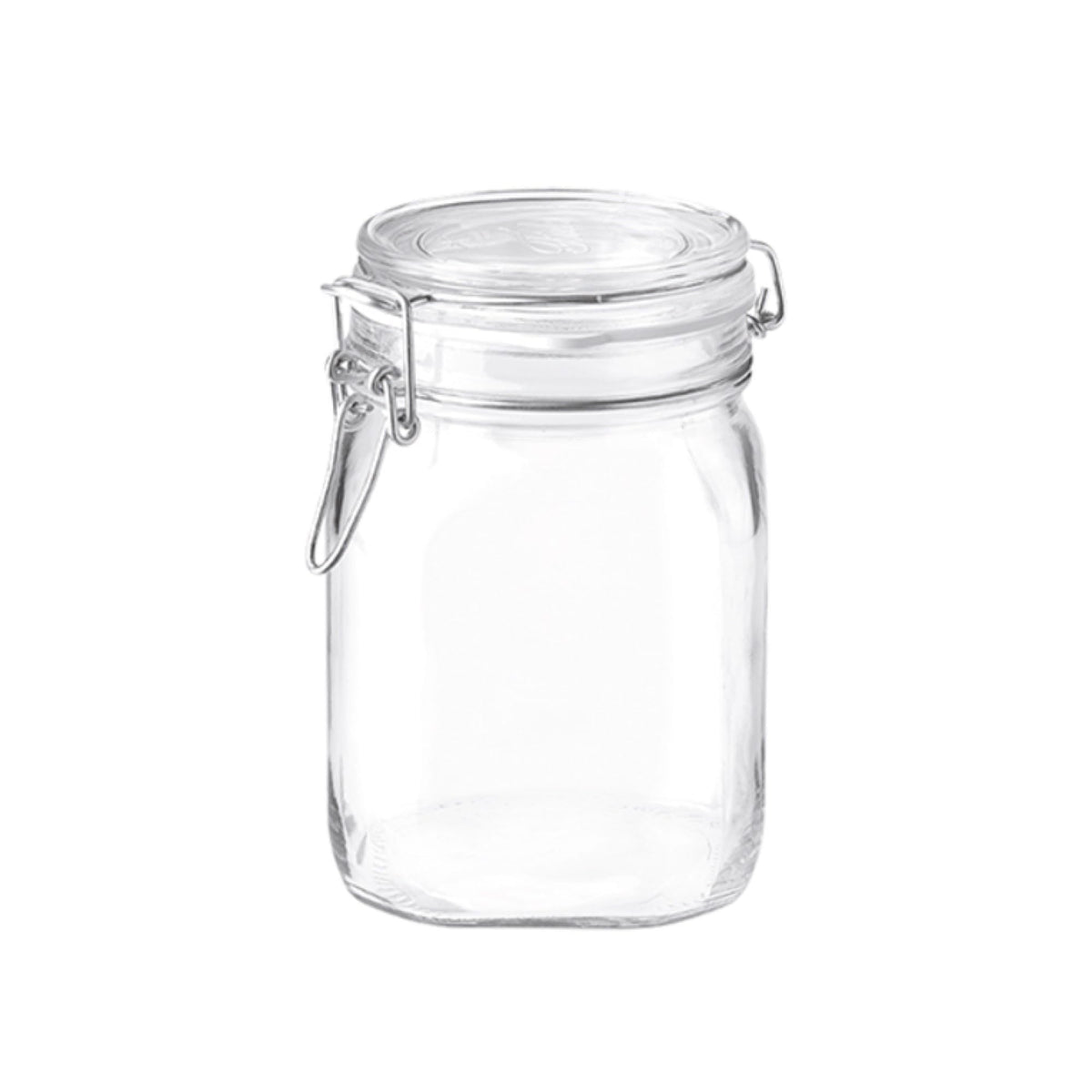 Bormioli Rocco clear glass storage jar with wide mouth for easy filling and viewing.