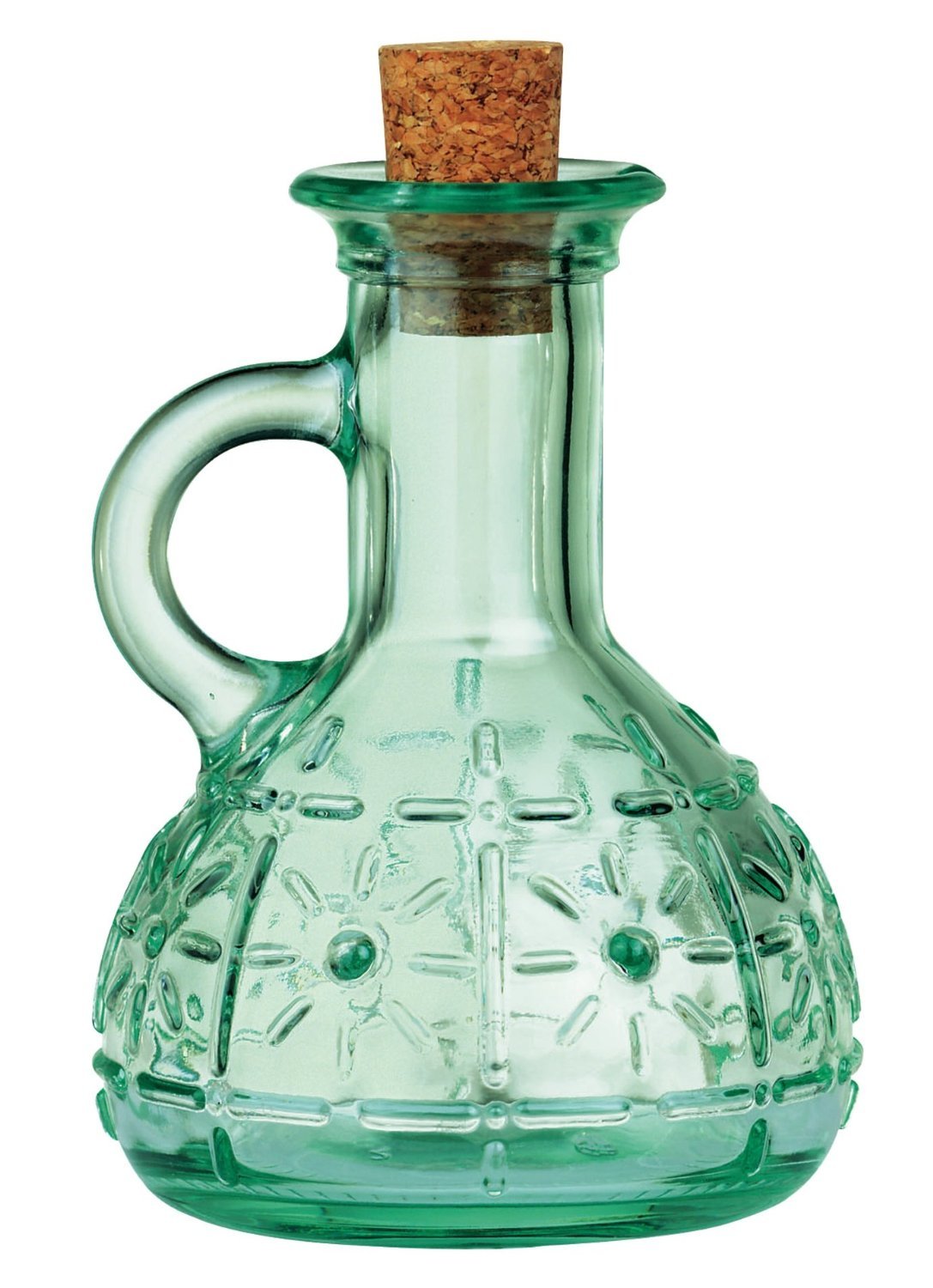 Bormioli Rocco Olivia oil cruet showing blue-green glass hue.