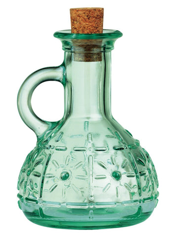 Bormioli Rocco Olivia oil cruet showing blue-green glass hue.