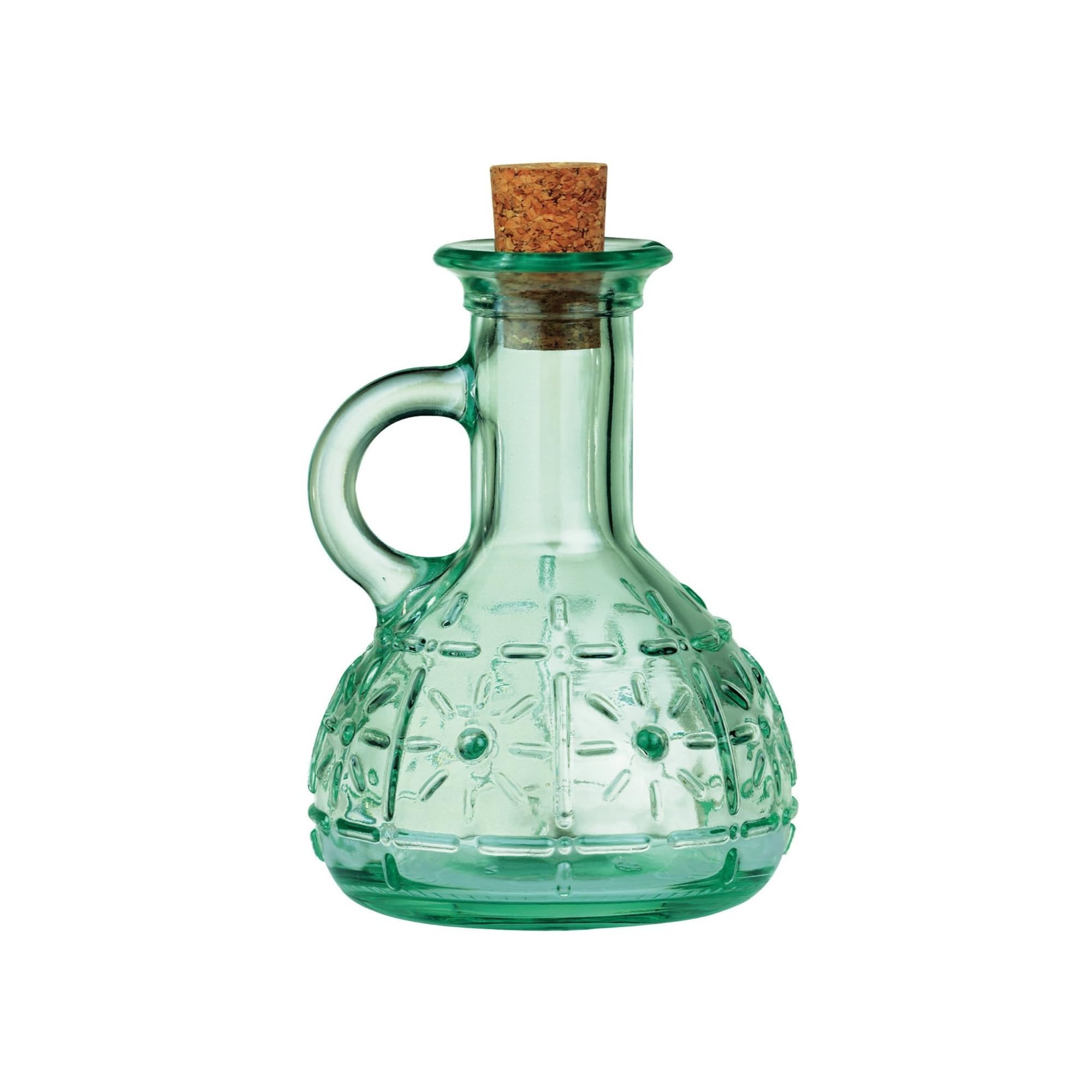 Bormioli Rocco Olivia oil cruet bottle in blue-green glass for elegant kitchen display.