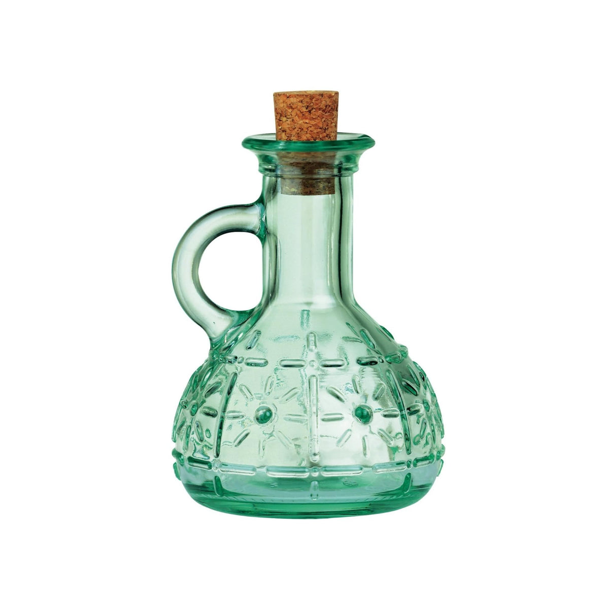 Bormioli Rocco Olivia oil cruet bottle in blue-green glass for elegant kitchen display.