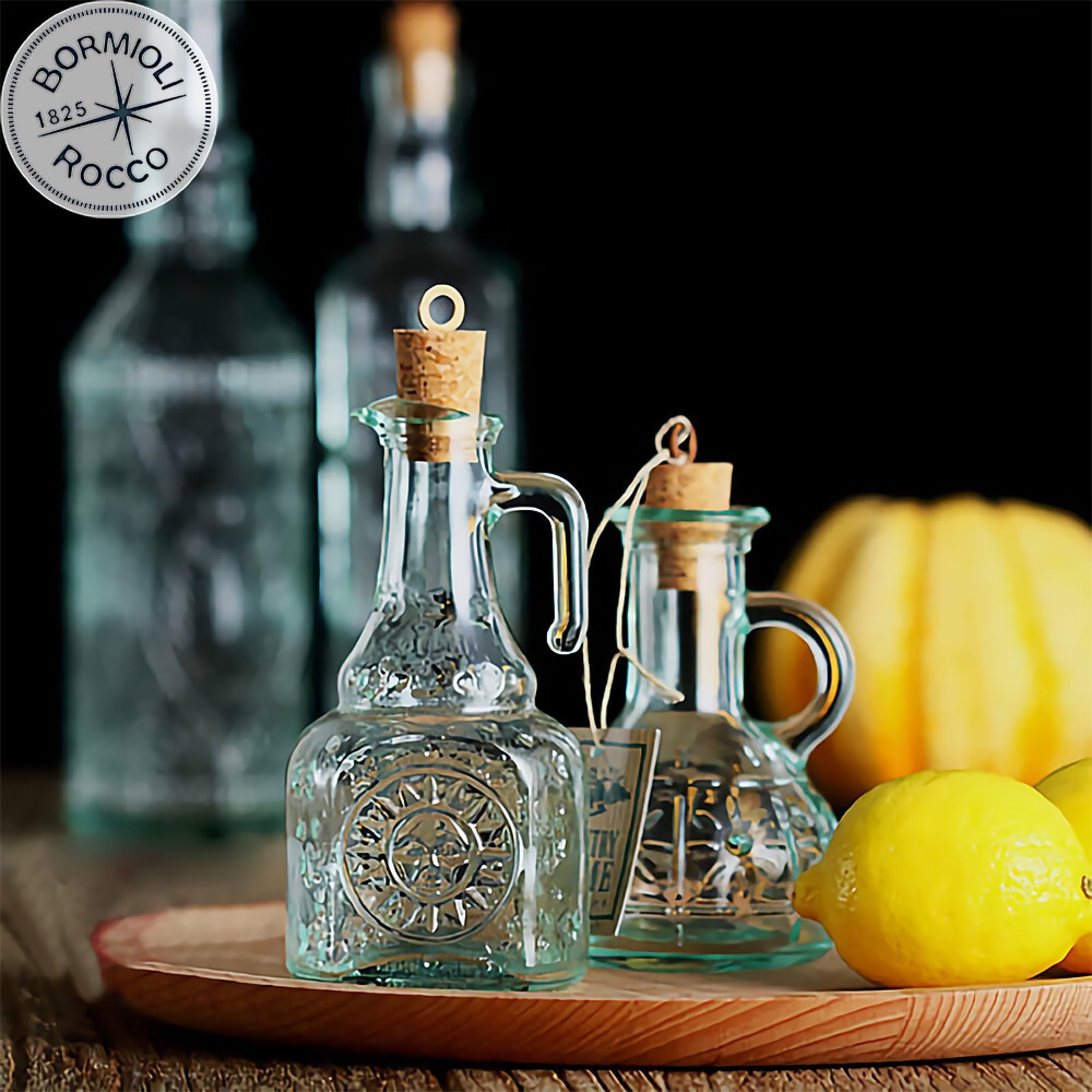 Bormioli Rocco Olivia oil cruet ready for oil or vinegar use.