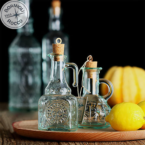 Bormioli Rocco Olivia oil cruet ready for oil or vinegar use.