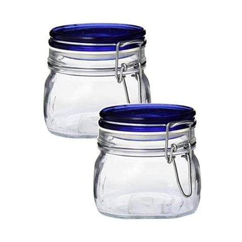 Bormioli Rocco Fido square jar with blue bail, ideal for pantry display and freshness.