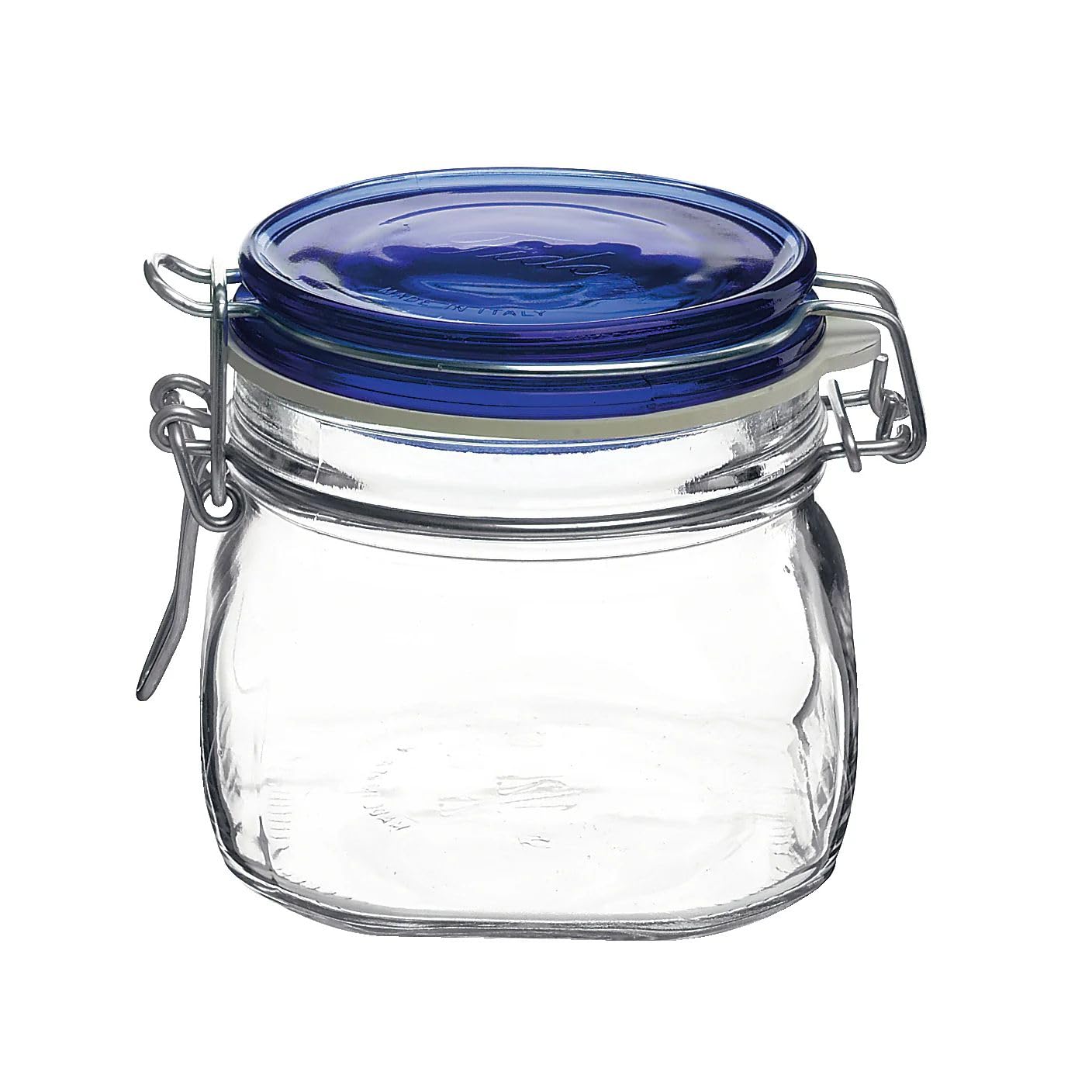 Bormioli Rocco Fido square jar with blue lid for 17-1/2-ounce pantry storage.
