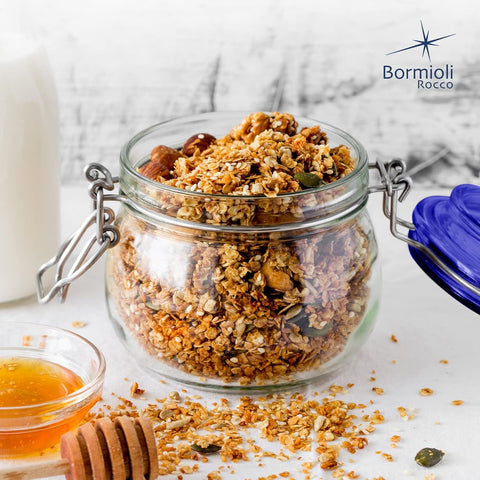 Close-up of Bormioli Rocco Fido square jar showing blue lid.