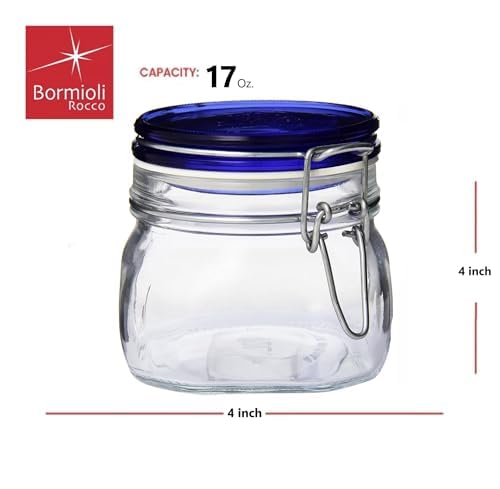 Dishwasher-safe Bormioli Rocco Fido jar with blue lid for easy cleaning.