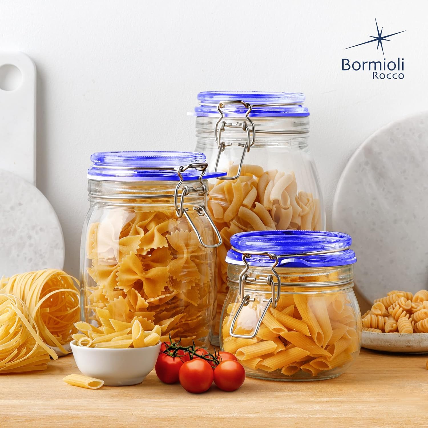 Pantry storage idea: Bormioli Rocco Fido square jar with blue lid.