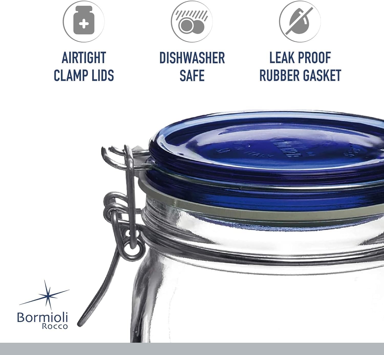Shock-resistant Fido jar by Bormioli Rocco with blue lid for daily use.