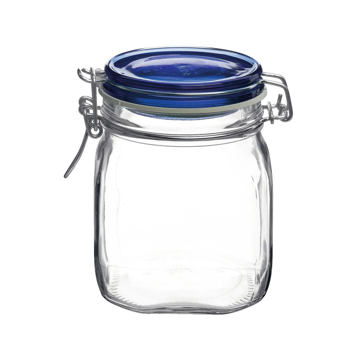 Bormioli Rocco Fido square jaw jar with blue lid, front view for versatile storage