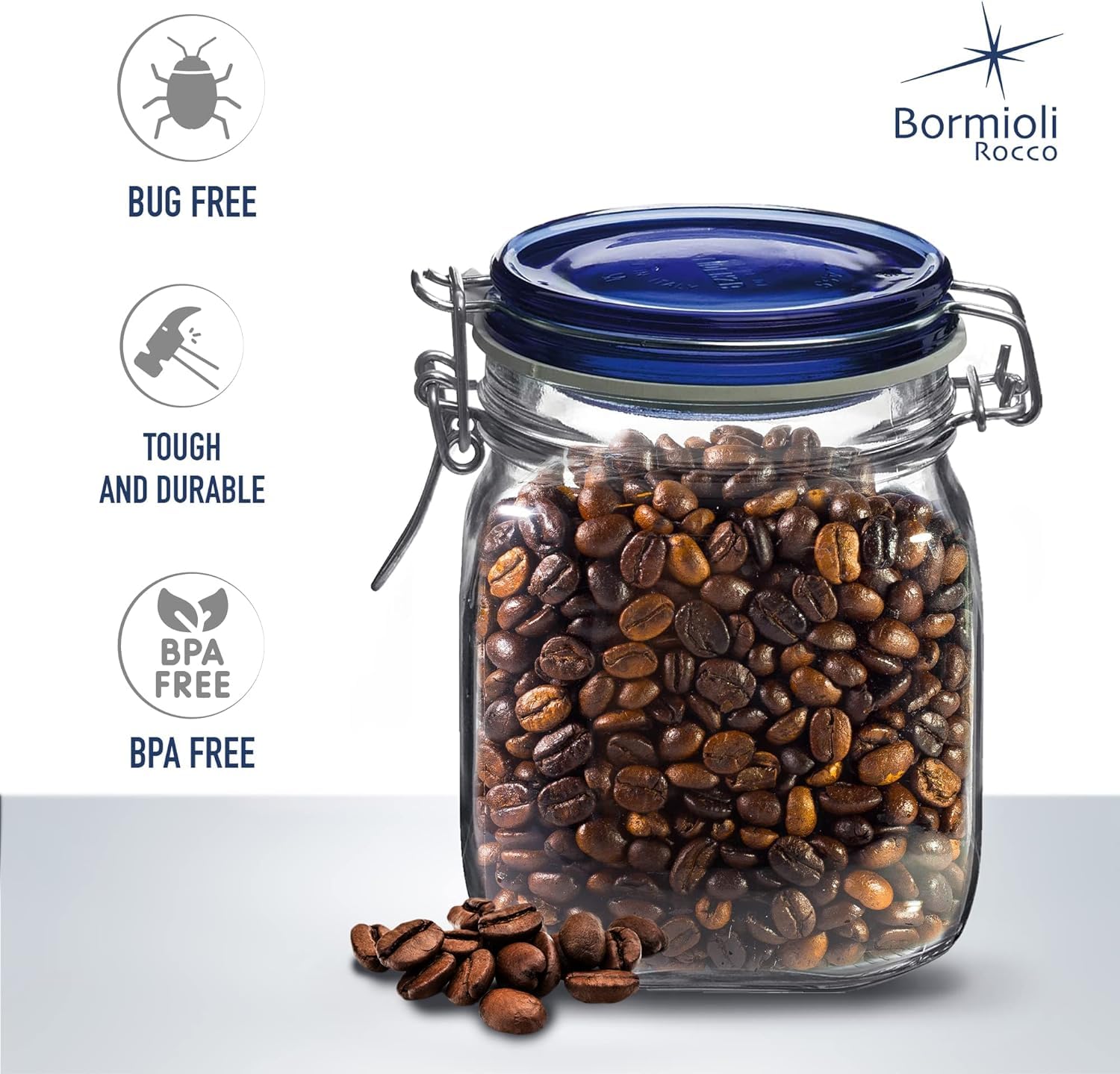 Bormioli Rocco Fido square jaw jar with blue lid, open mouth for easy filling