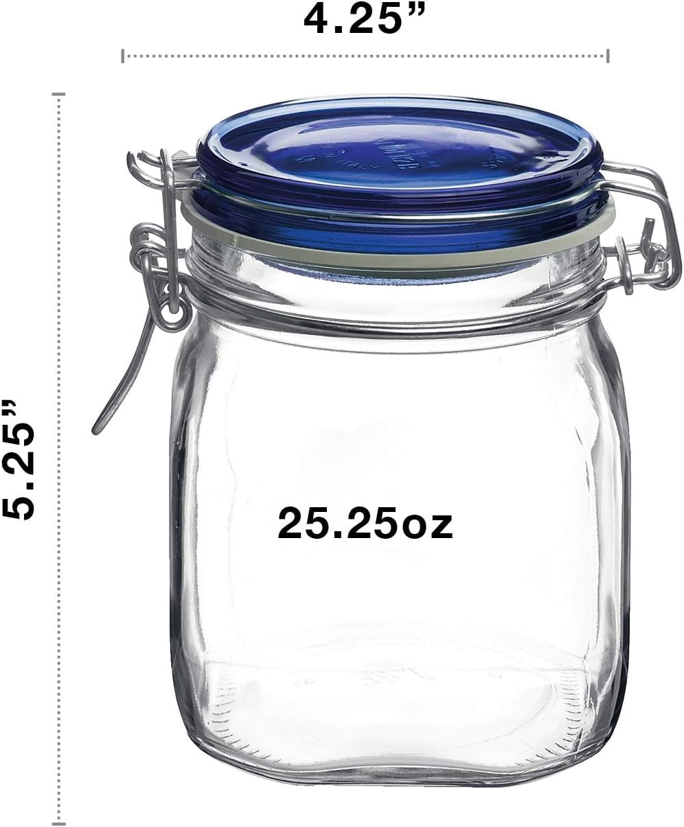 Bormioli Rocco Fido square jaw jar with blue lid, side view for organization
