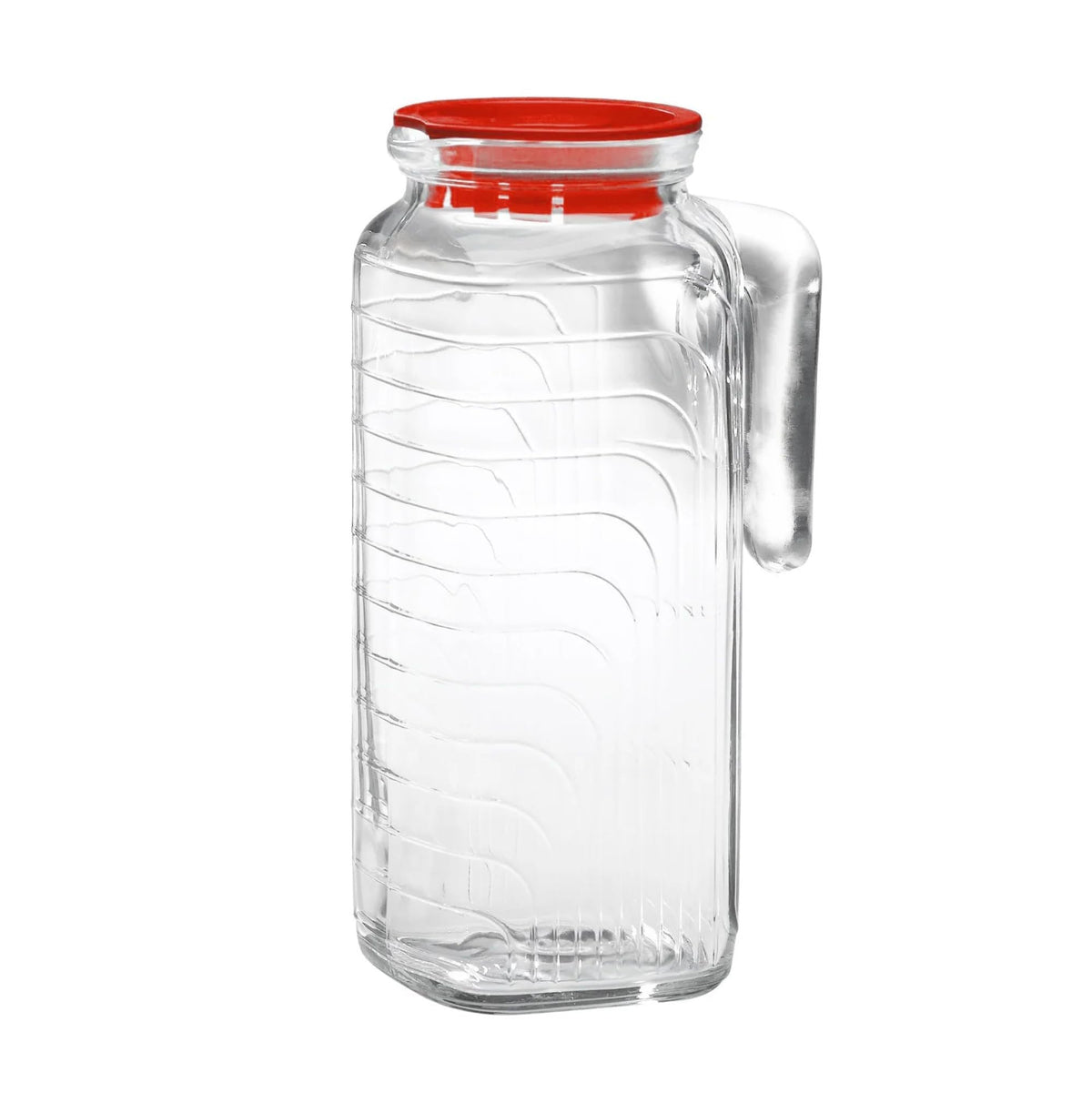 Bormioli Rocco Gelo jug with red lid closecap, secure seal for fresh beverages.