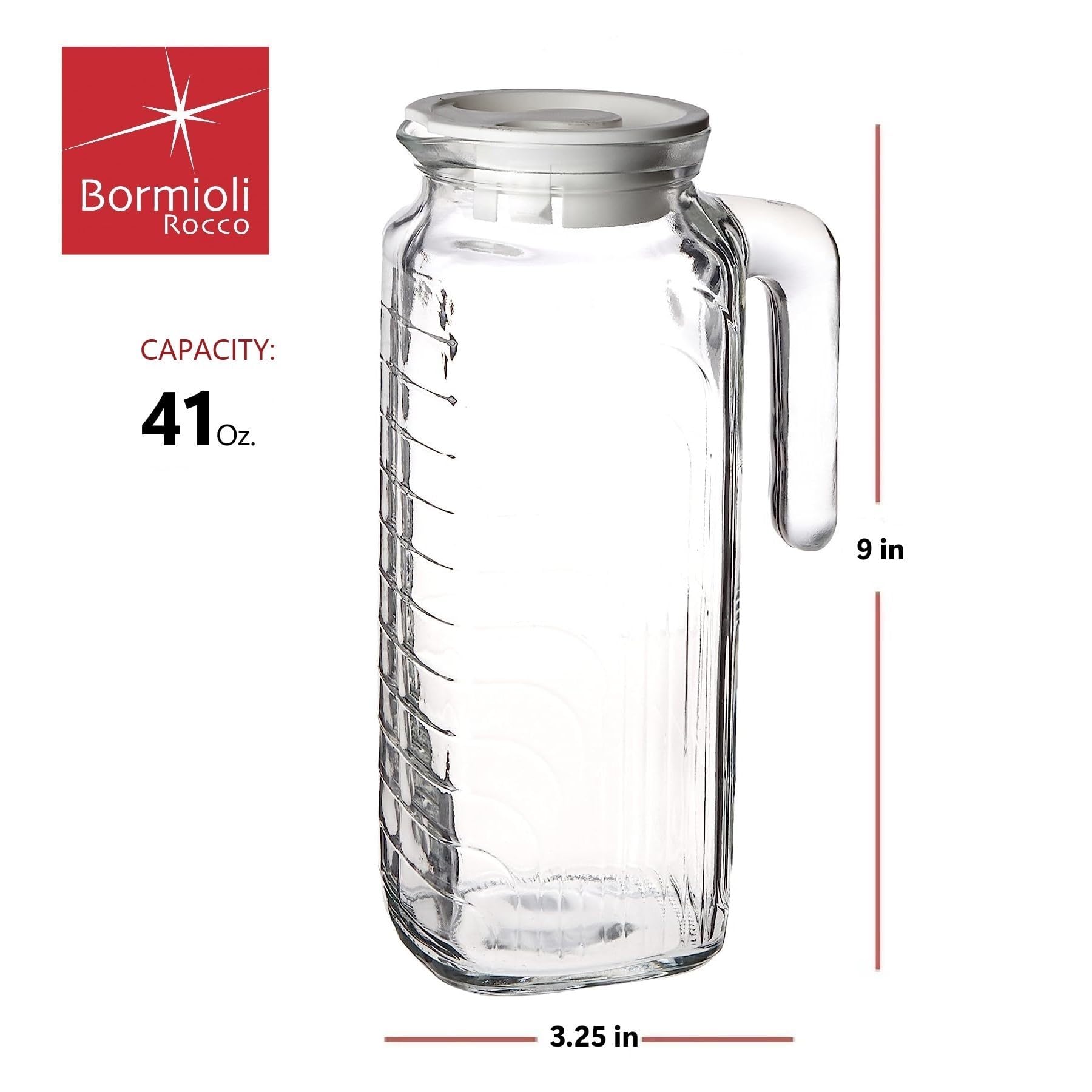Bormioli Rocco Gelo jug side view showing ergonomic handle for easy serving.