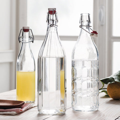 Tall, elegant bottle on a counter elevates pantry organization