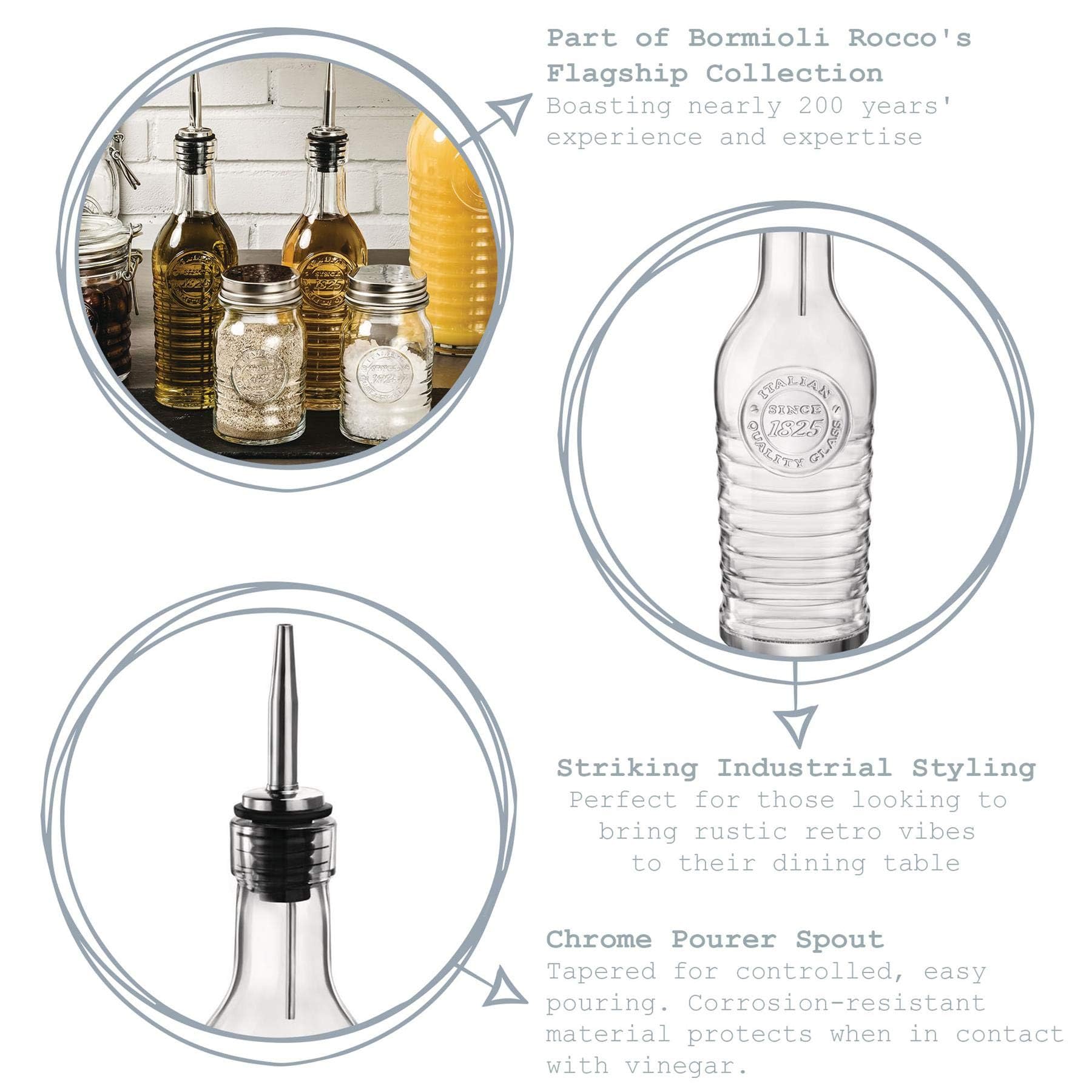 Bormioli Rocco Officina 1825 vinegar bottle with secure pour for controlled seasoning.