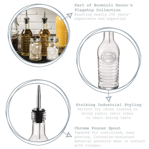 Bormioli Rocco Officina 1825 vinegar bottle with secure pour for controlled seasoning.