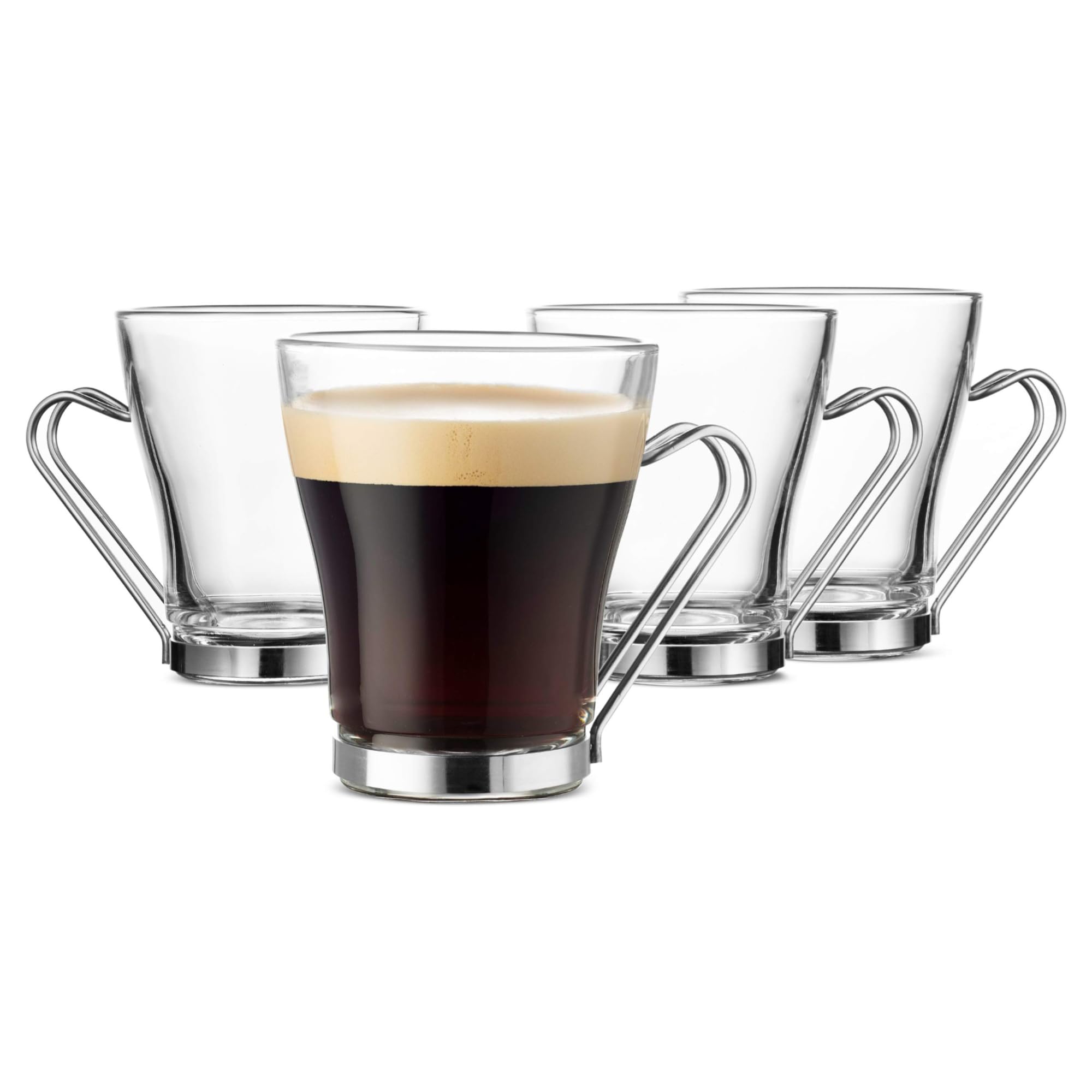 Bormioli Rocco Oslo cups with removable handles for versatile serving.