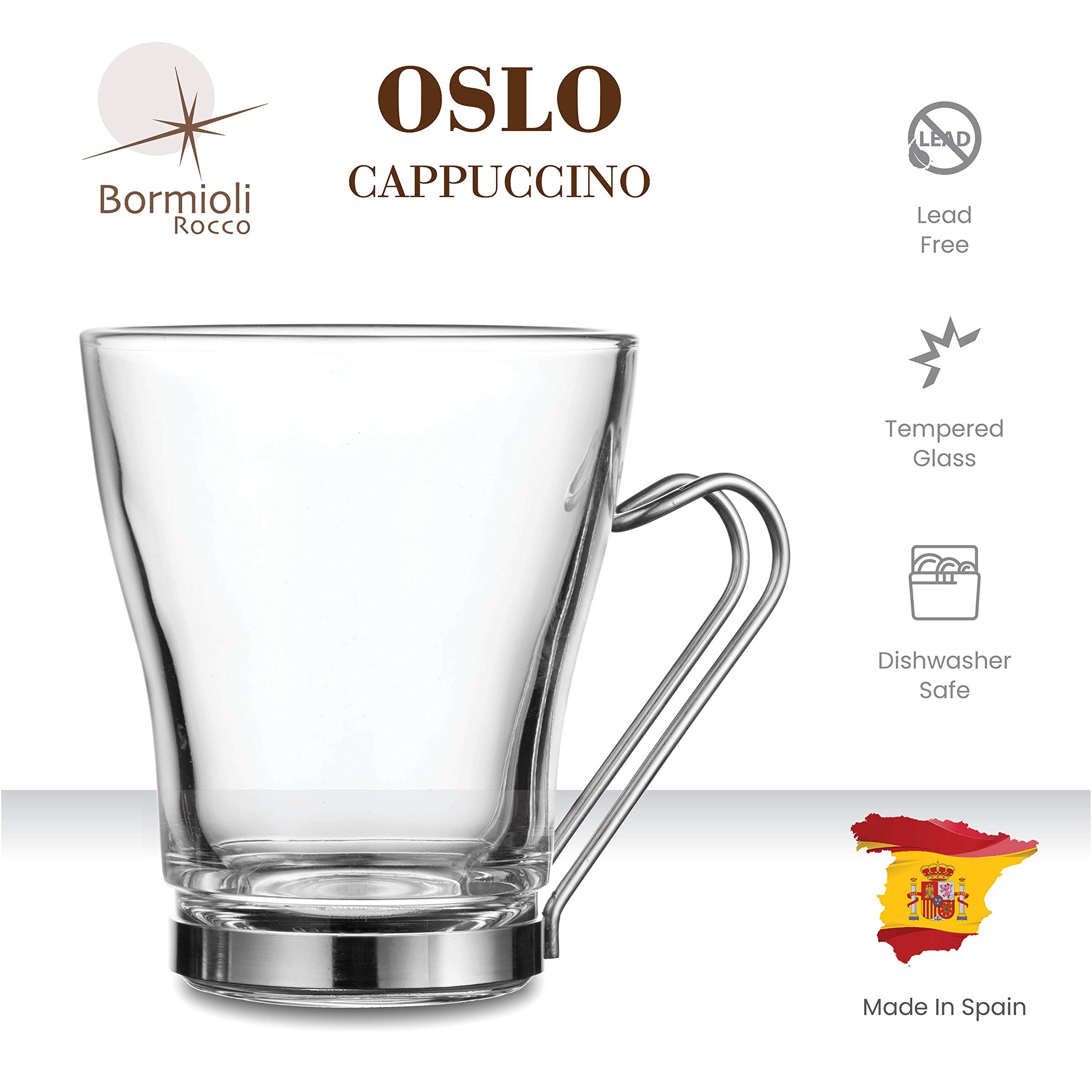 Bormioli Rocco Oslo cups feature rust-proof stainless steel base and handle.