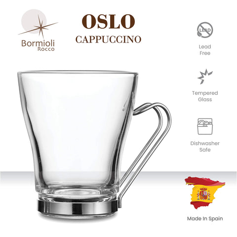 Bormioli Rocco Oslo cups feature rust-proof stainless steel base and handle.