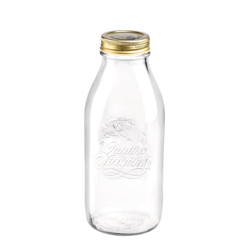 Bormioli Rocco Quattro Stagioni milk bottle with lid showing airtight storage capability.