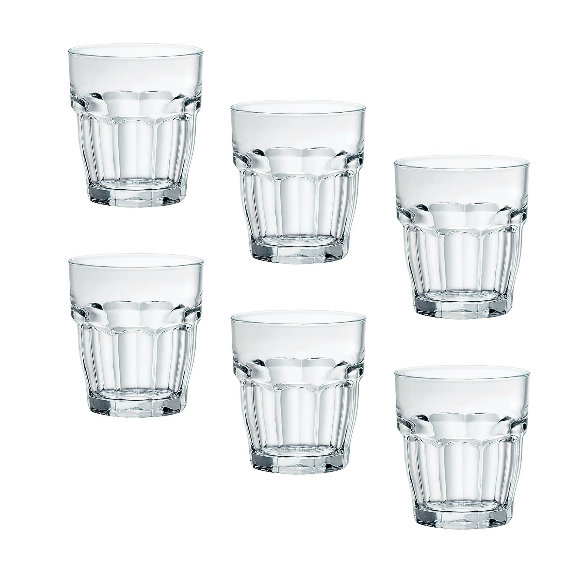 Bormioli Rocco Rock Bar glass stackable design for compact bar storage.