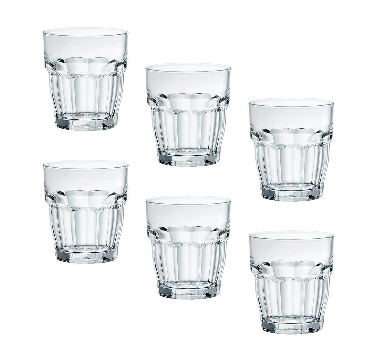 Bormioli Rocco Rock Bar glass stackable design for compact bar storage.