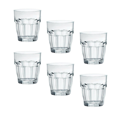 Bormioli Rocco Rock Bar glass stackable design for compact bar storage.